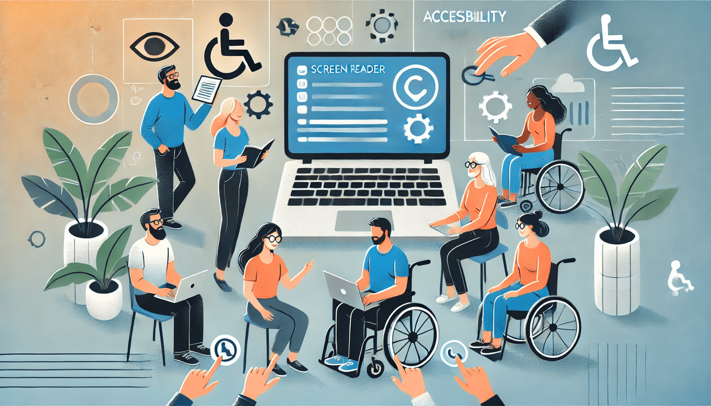 Group of diverse individuals, some using wheelchairs, interacting with technology in an inclusive setting. Accessibility icons appear in the background.